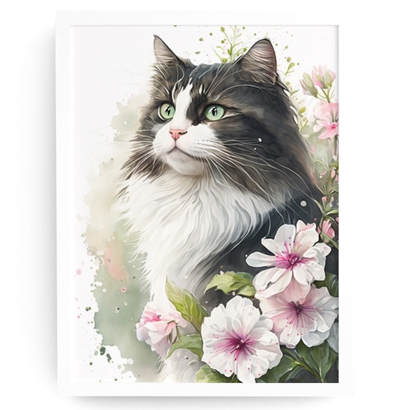 Art | Cute Floral Tuxedo Cat Watercolor Wall Art Illustration Print ...